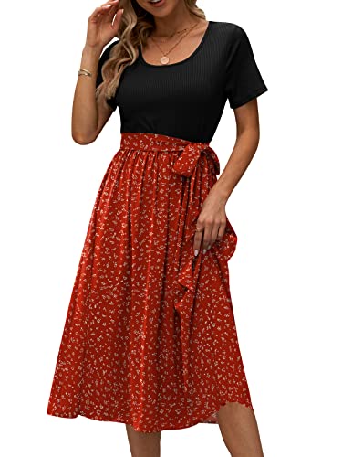 Db Moon Womens 2023 Summer Casual Short Sleeve Midi Dress Tie Waist Work Teacher Outfits Dresses L, Wine Red Floral #TOP25