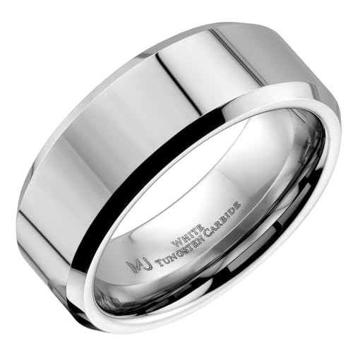 Custom Engraved White Tungsten Carbide Mirror Polished Finish Center Beveled Edge 6mm or 8mm Wedding Ring