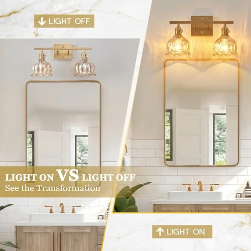 Image of 2-Light Amber Tulip Glass Vanity Light, Brushed Gold Vintage Bathroom Wall Sconce, 14.5 inch Antique Brass Wall Lamp for Mirror, Powder Room, Bedroom (Individual Rotary Switches, Bulbs Not Included)
