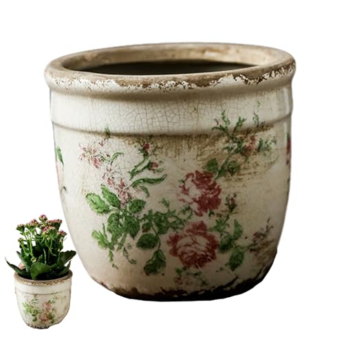 Jorzer Blumentopf aus Keramik Vintage-Blumenmuster 12, 9x10, 9 cm Pflanztopf mit Abflussloch und Rissstruktur DIY-freundlicher Pflanztopf für drinnen und draußen Keramik-Blumentopf