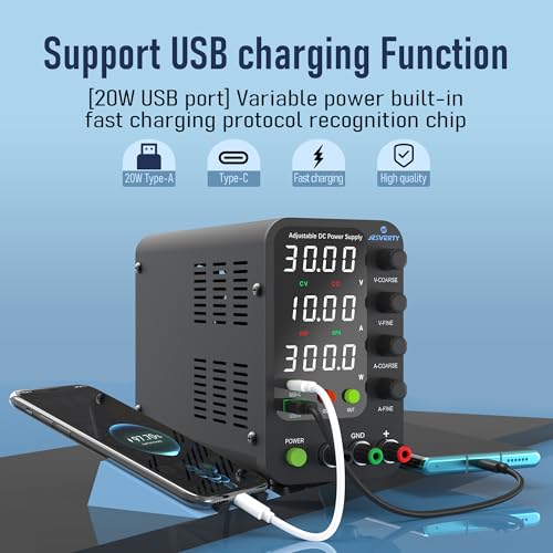 Image of DC Power Supply Variable, 0-30V 0-10A Switching Bench Power Supply with 20W USB & Type-C Quick-Charge, Encoder Corase & Fine Adjustment Knob, Output Switch, 4-Digit LED Display - SPS-3010V