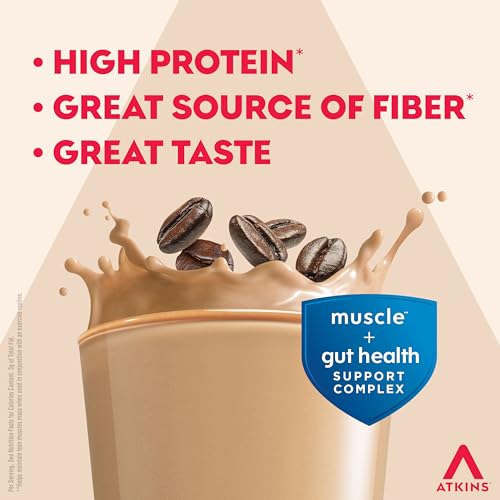 Image of Atkins Strong High Protein Shake, Cafe Latte Flavored, 30g Protein, 7g Prebiotic Fiber, 1g Sugar, Muscle and Gut Health Support, GLP-1 Support, Low Carb and Low Sugar Coffee Protein Shake, Keto Friendly, 12 Count