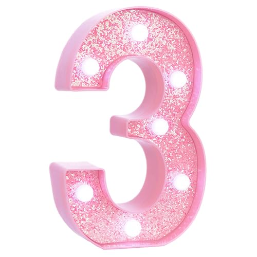 Image of Pink Light Up Marquee Numbers, Glitter LED Number Lights Signs Battery Operated for Girls 3rd 13th 23rd Pink Birthday Party Table Decorations, 8 Inch Tall Number 3 with Cool White Lights