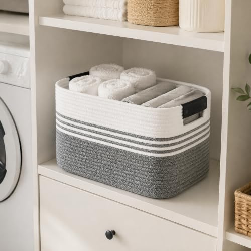 Image of 19.2GAL Sturdy Large Laundry Basket with Handles for Bathroom, Dorm Dirty Clothes, Portable Aesthetic Boho Cute Woven Storage Blanket Baskets for Living Room Decor Girls Boys Pets Toys Mix Black
