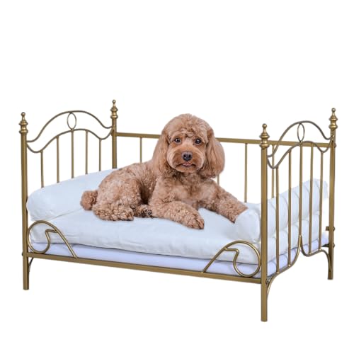 Pet Bed, Dog Bed with Metal Frame and Detached White Velvet Cushion with 2 Pillow for Small Dog