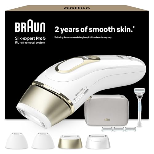 Braun Luz Pulsada Silk-expert Pro 5, Alternativa a Depiladora Laser, Eliminación Del Vello En Casa, Depiladora IPL Con Funda, Maquinilla Venus, 4 Cabezales Para Cara y Cuerpo, Blanca/Dorada, PL5358