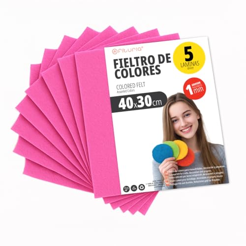 OFITURIA Feltro Colorato per Artigianato, Fai-da-te, Progetti Scolastici, Scrapbooking, Cucito Creativo e Decorazioni 40x30cm (Fucsia, 5 pz)