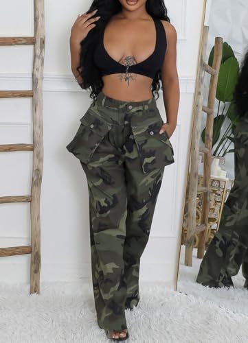 Womens Camo Cargo Pants High Waist Army Fatigue Casual Baggy Wide Leg Camouflage Joggers Sweatpants Trousers2