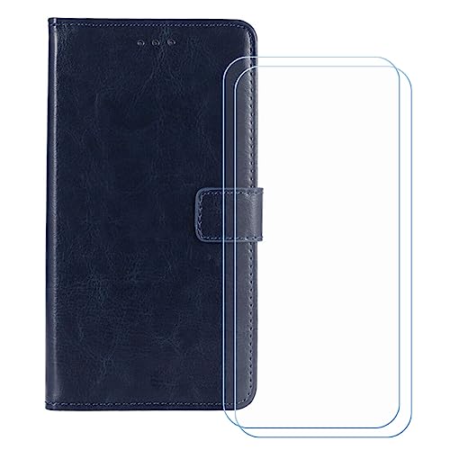 GYDQQKJ Hülle für Oukitel C2 (4.50 Zoll), Schutzhülle PU Leder + [2 Tabletten Displayschutz Schutzfolie] - mit Brieftasche Card Slot Kreditkarten Geldfächern Case Dunkel Blau