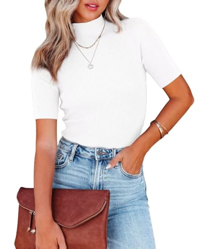 Image of Lacozy Women's Basic Tops Ribbed Mock Turtle Neck Slim Tops Short Sleeve Plain Sweater Tops White Size XL