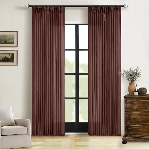 Image of Chestnut Brown 84 Inch Pinch Pleated Linen Curtains 2 Panel Set for Living Room Thick Linen Textured Drapes 84 Inches Long Pinch Pleat Drapes Semi Sheer Curtain for Dining Bedroom Office Rust Maroon