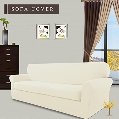 Image of Easy-Going 2 Pieces Stretch Couch Sofa Slipcover Washable | Spandex Soft Fitted Sofa Couch Cover for Sofa Furniture Protector with Bottom Kids,Pet Dog Ivory