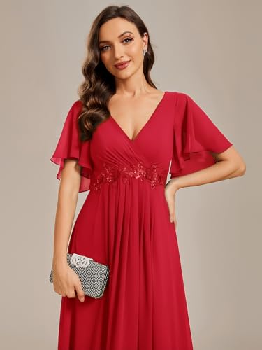 Image of Ever-Pretty Women's Chiffon V-Neck Mother of Bride Dresses A-Line Ruched Short Sleeves Appliques Bridesmaid Dress Formal Gown