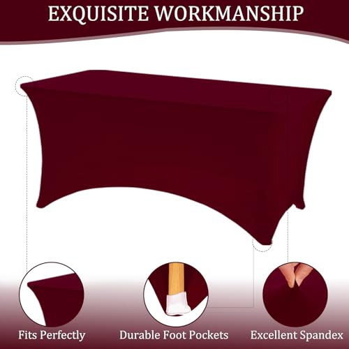 Image of 6 Pack 6FT Spandex Table Covers Washable Wrinkle Resistant Fitted Rectangle Tablecloth for Folding Table Wedding Party Birthday Banquet Bar Events(Burgundy)