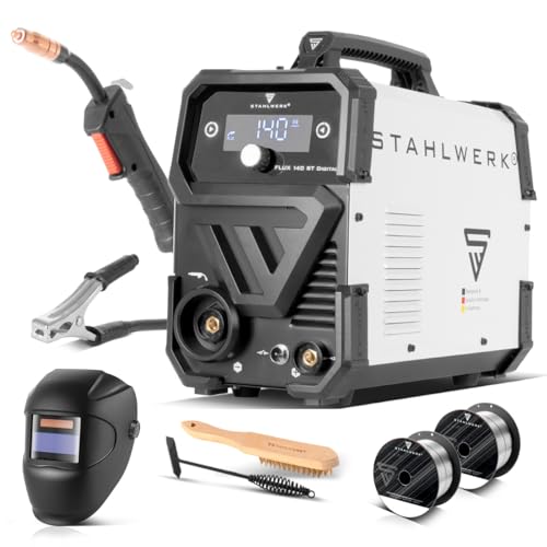 STAHLWERK Schweißgerät FLUX 140 ST Digital – Vollausstattung – Fülldrahtschweißen ohne Schutzgas bis 140 A, kompakt, synergischer Drahtvorschub, LED-Licht, Lift-TIG- & MMA-Funktion (E-Hand/ARC)