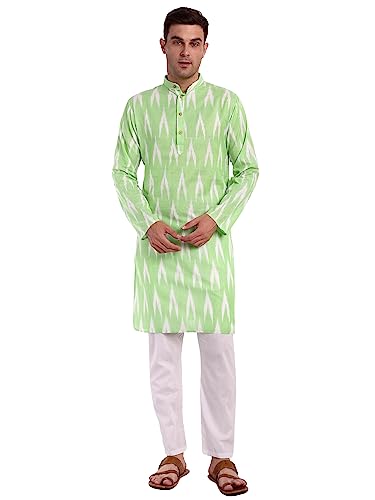 Image of SKAVIJ Men's Pure Cotton Printed Kurta Pajama Set Ikat Design Casual Ethnic Dress