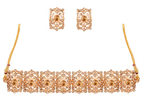 Image of Touchstone Mughal Jali Collection Gold Tone Indian Mughal Bollywood White Diamante Jewelry Choker Set for Women