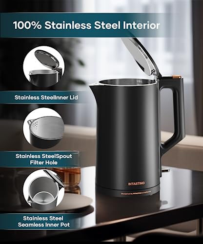 INTASTING Electric Kettle, High Capacity 1.5L 1500W Fast Heating Double Wall Stainless Steel BPA-Free Auto Shut Off Boil Dry Proof Kettle Perfect for Tea and Coffee -Black - Thumbnail 2