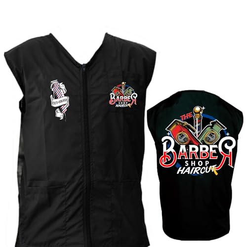 Professional Custom Barber Vest, Jacket, Smock, Black with Barber Tools Print
