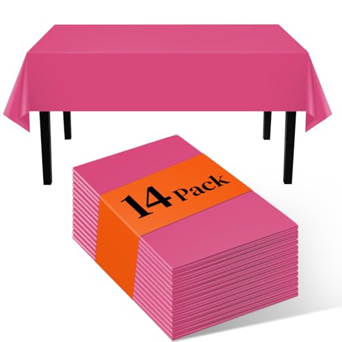Image of Hot Pink 14 Pack 54 x 108 Inch Plastic Tablecloths, Disposable Rectangle Plastic Tablecloth, Party Table Cover Plastic Table Cloth