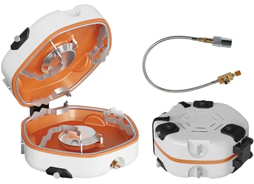 Foldable Gas Camping Stove, 17000 BTU Camping Stove Gas Portable with Grill, 2 Adjustable Burners & Piezo Ignition, Outdoor 2 Burner Camping Stove for Cooking, Hiking, Camping, Trekking, Picnic white