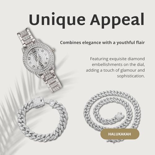 Image of Halukakah Diamonds Watch Iced Out for Boy Teens Kids - 18K Real Gold /Platinum Plated,Arabic Numerals Round Dial,Japanese Quartz - 7.7 inch Length - Optional with Cuban Link Chain - for Birthday,Parties