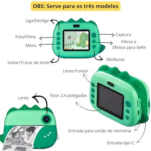 Câmera Infantil Impressora Instantânea Fotográfica sem Tinta Digital com Visor Foto e Vídeo 1080P HD