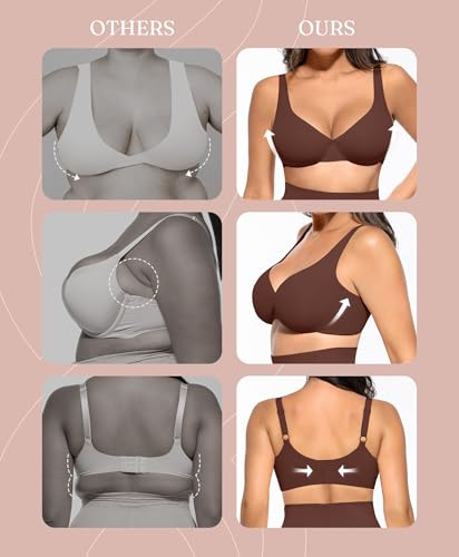 FeelinGirl Unlined Plunge Bra Full Coverage No Padded Push Up Seamless Comfort Daily Underwear for Big Bust Mocca 36DD