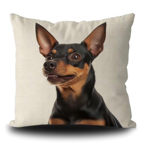 Divertida funda de almohada para perro pinscher en miniatura para perro, cachorro, funda de almohada decorativa para sofá sofá cama amante de los perros regalo lienzo blanco 45 x 45 cm doble cara