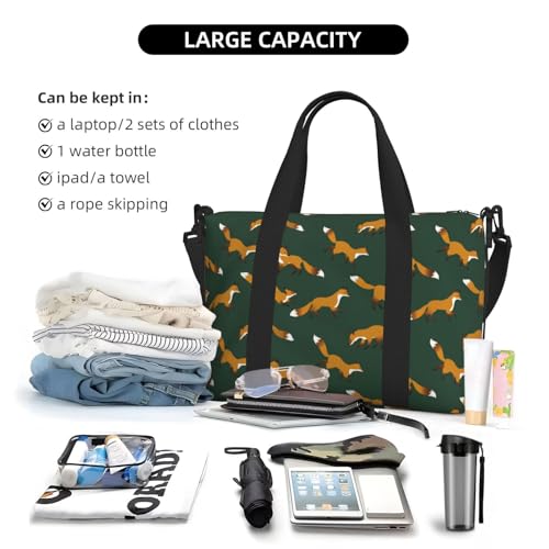 Carry On Duffle Bags Overnight Weekender Bags for Women, Dark Green Fox Print Personal Item Travel Bag, Travel Essentials Sport Gym Bag for Men Women4