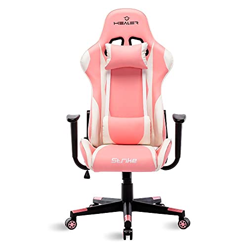 Cadeira Gamer Rosa e Branco Healer Strike Reclinável Giratória