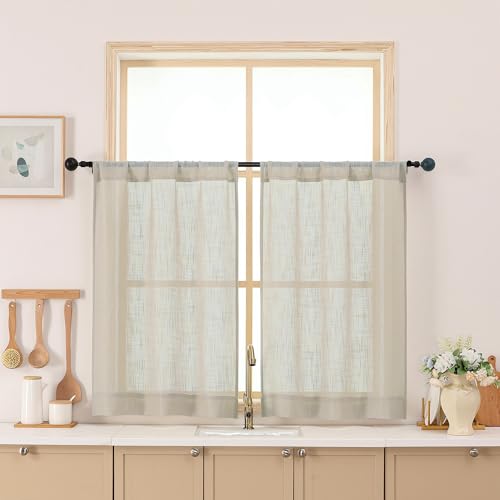 Chyhomenyc Semi Sheer Curtains 36 Inch Length, Light Filtering Faux Linen Slub Textured Burlap Small Kitchen Curtains Over Sink, Rod Pocket Short Drapes for Cafe Basement, 28Wx36L, Linen Color