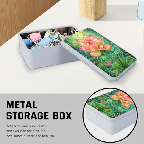 Image of Metal Tin Box with Lid,Multi-functional Storage Box Can Store Tea Biscuits Game Cards, Playing & Tarot Cards-Comes with 4 Magnetic Cord Clips,Lotus Flower Art