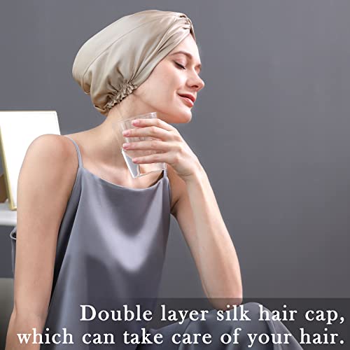 DAISYSILK 22 Momme 100 Pure Mulberry Silk Hair Bonnet for Sleeping Double Layered Silk Hair Wrap for Women with Elastic Stay On Head, Champange