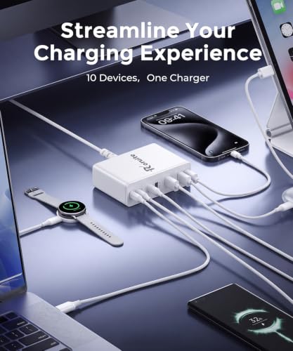 Image of USB C Charging Station 10 Port with 4 Cables,245W GaN Charger Block | Type C Wall Charger Power Strip Adapter Plug for iPad iPhone17 16 15 14 13 12 Pro Max Pixel Note Galaxy White