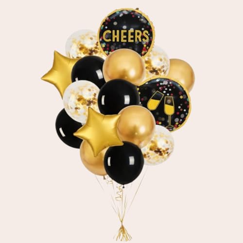 Image of Wanna Party Cheers Party Balloon Decoration Set Pack of 16 | Black & Gold Foil Balloons with 12 Inch Latex Balloons for Birthday, Anniversary, New Year Decor