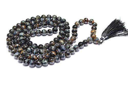 Natürliche AAA schwarze Tigeraugen-Halskette 108 Mala-Halskette | schwarzes Tigerauge Mala | 108 Gebetsperlen | handgeknüpftes Mala-Armband | Japa-Mala | 8 mm runde Perlen | Meditations-Quaste |