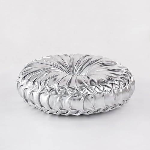 Image of HIG Set of 2 Handcrafted Silver Ruched Round Throw Pillows - 14.5'' Metallic Leather Decorative Pillows with Soft Polyester Filling for Couch, Bed, Living Room, Bedroom, or Dorm