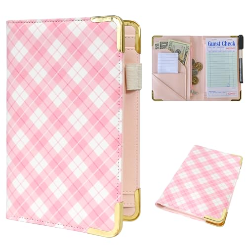 DGBDPACK Server Book for Waitress Organizer Wallet for Women Cute, Receipt Holder Presenter 5 Pockets Waiter Accessories (Pink Plaid)