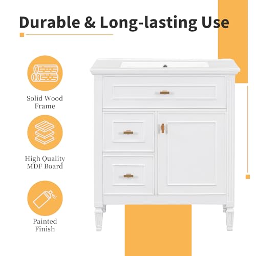 Harper & Bright Designs 30" Bathroom Vanity with Sink, Free Standing Vanity Set with Tip-Out Drawer, 2 Drawers, and Adjustable Shelf, Wood Bathroom Cabinet with Ceramic Basin for Bathroom, White