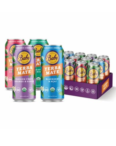 Babe Organic Yerba Mate Energy Drinks | 150mg Plant-Based Caffeine | Natural Yerba Mate Tea with No Crash, No Jitters - Variety Pack (12 x 16oz Cans)