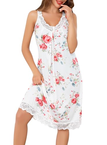 Lovasy Nighties for Women Cotton Nightdresses for Women UK Ladies Nighties Nightdress Long V Neck Night Dress Nighty Loose Sleeveless Chemise Negligees with Lace White M