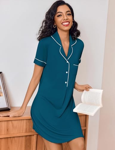 Image of Ekouaer Women's Nightgown Button Down Nightshirt V Neck Sleepshirt Short Sleeve Sleepwear Soft Pajama Dress