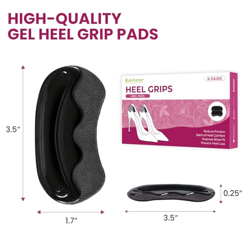 Image of Heel Pads Grips for Women Shoes - Bukihome Strong Adhesive Heel Cushion Inserts Prevent Slipping, Rubbing, Blisters, Foot Pain, Improve Shoe Fit - Heel Pad for Shoe Too Big (Black,6 Pairs)