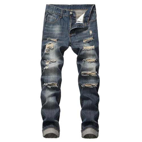 Men Distressed Ripped Jean Mid Rise Slim Fit Straight Leg Stacked Jeans Fashion Denim Pants Streetwear