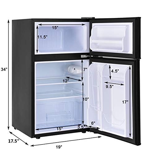 COSTWAY Compact Refrigerator, 3.2 cu ft. Unit 2-Door Mini Freezer Cooler Fridge with Reversible Door, Removable Glass Shelves, Mechanical Control, Recessed Handle for Dorm, Office, Apartment (Grey)