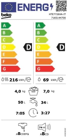 Beko Hte7726Xa-It Lavasciuga Slim A Vapore Steamcure, 7/4 Kg, 1400 Giri/Min, 15 Programmi, 50 x 60 x 84 cm, 64 Kg Beko Hte7726Xa-It Lavasciuga Slim A Vapore Steamcure, 7/4 Kg, 1400 Giri/Min, 15 Programmi, 50 x 60 x 84 cm, 64 Kg