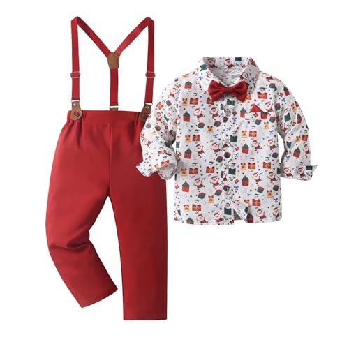 Image of Boarnseorl Baby Boys Pants Sets, Infant Long Sleeve Shirt + Pants + Bow Tie + Suspenders Outfits