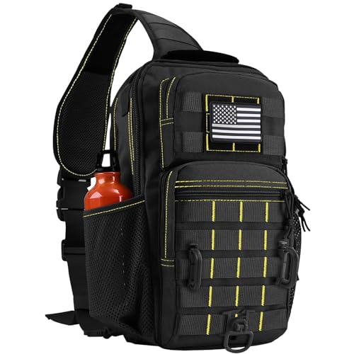 Image of Rover Sling Pack Tactical Shoulder Sling Bag Backpack with Bottle Holder Crossbody Chest Bag, Black with Yellow
