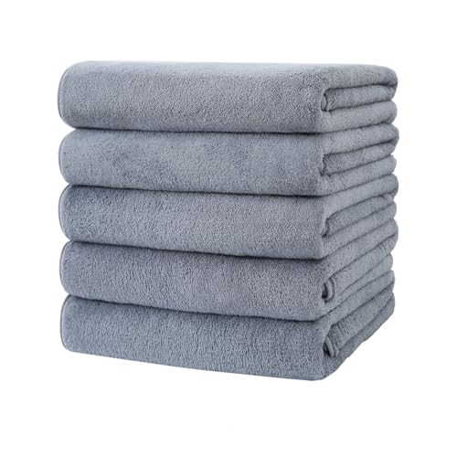 バスタオル 5枚セット マイクロファイバー 大判 60×120cm ふわふわ 柔らかい肌触り タオル 吸水 速乾 通気 肌に優しい お風呂上がり 家庭用 ホテル仕様 (ダークグレー)